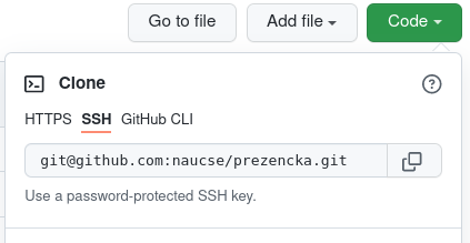 Ukázání SSH adresy na github.com